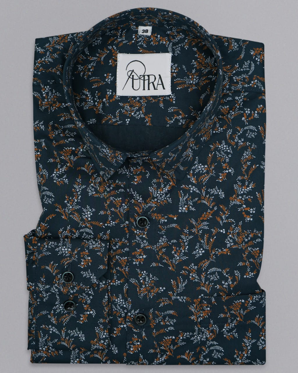 Blue Shirt with Floral Print and Orange Accent