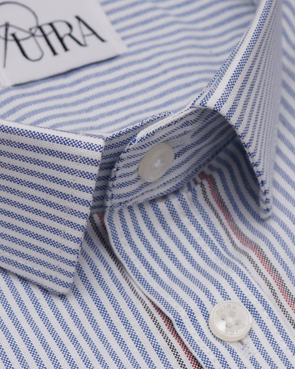 Blue Striped Shirt with Red Accent