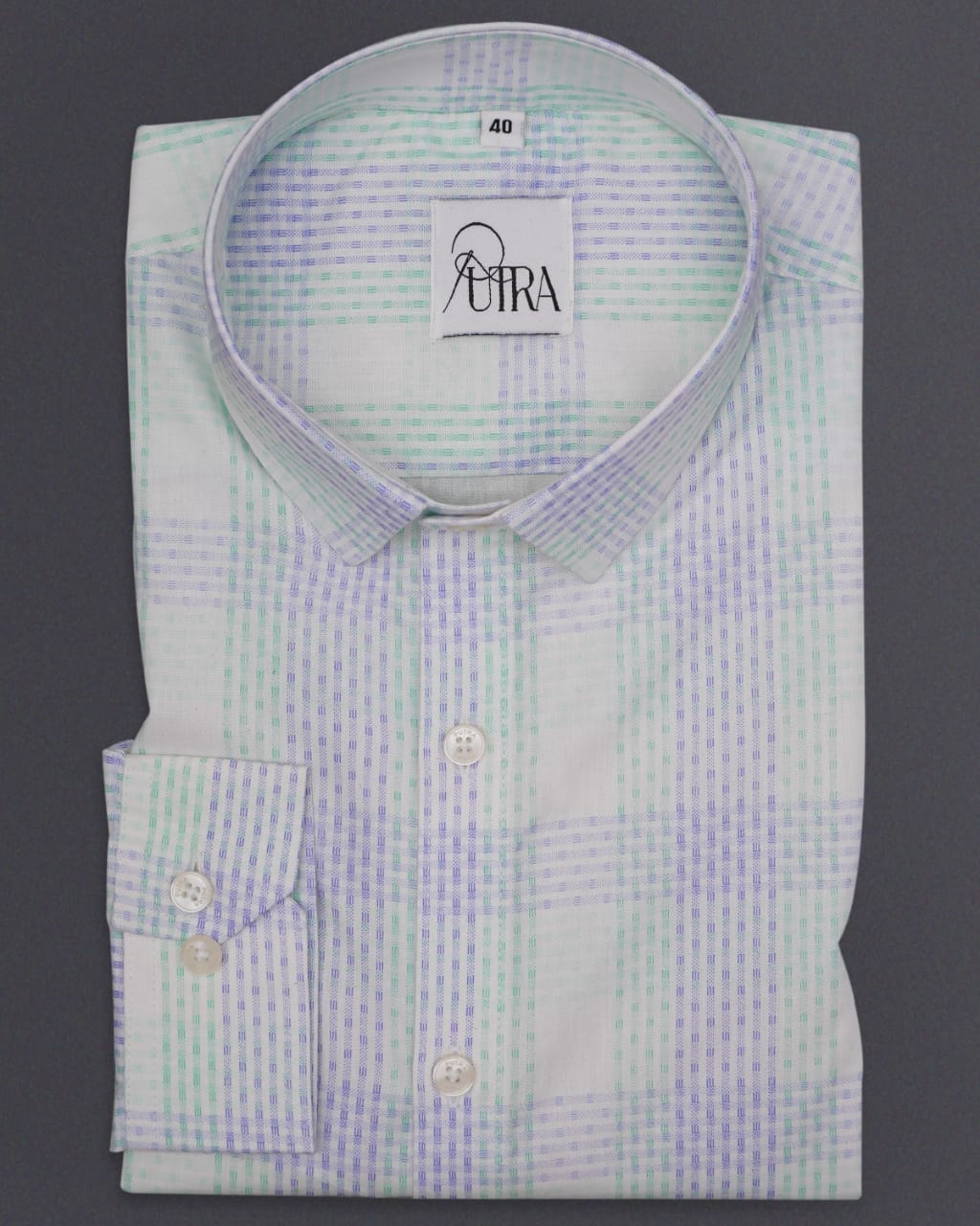 White Shirt with Blue and Green Striped Weave