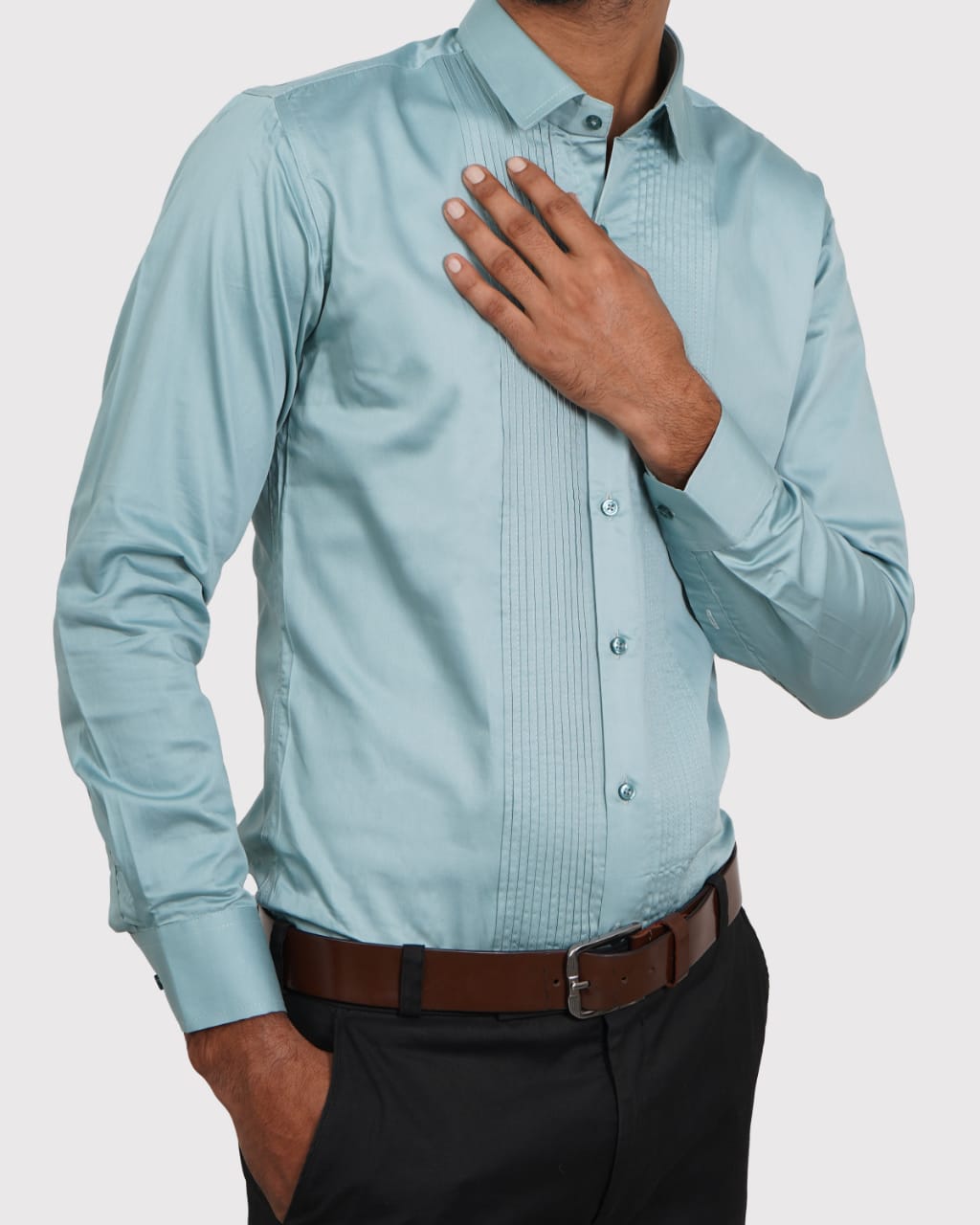 Men&#39;s Soft Teal Slim Fit Pleated Party Wear Solid Shirt