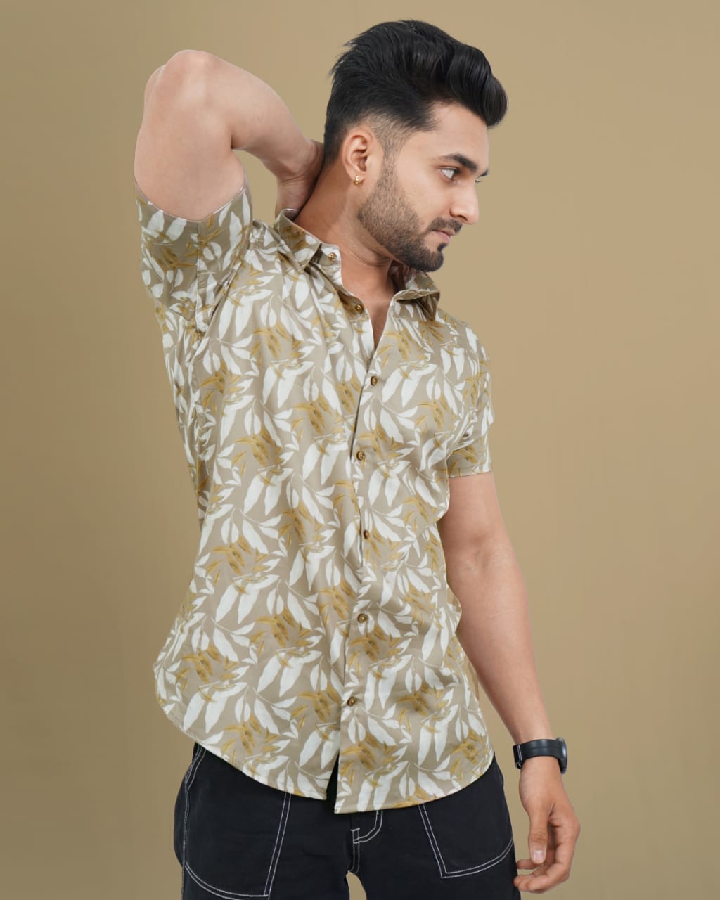 Men Sand Colour Slim Fit Half Sleeves Digital Print 100% cotton Shirt
