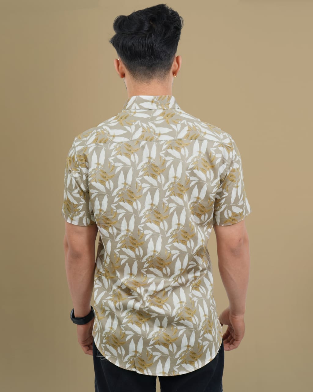 Men Sand Colour Slim Fit Half Sleeves Digital Print 100% cotton Shirt