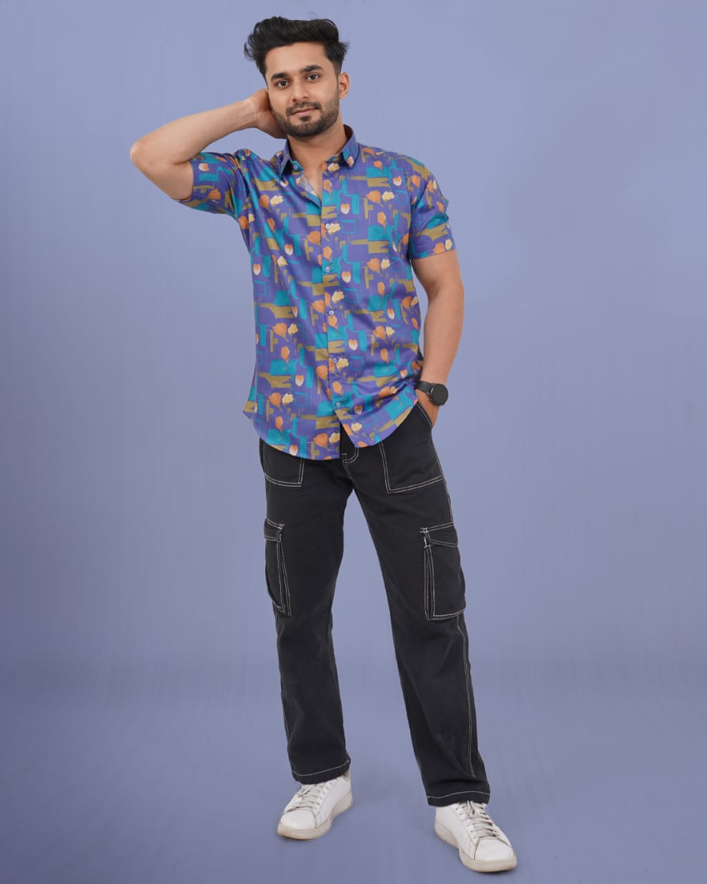 Men Blue Slim Fit Digital Print Half Sleeves Casual Shirt