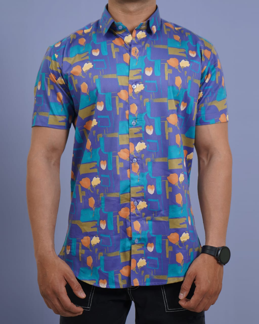 Men Blue Digital Print Slim Fit 100% cotton Half Sleeves Shirt