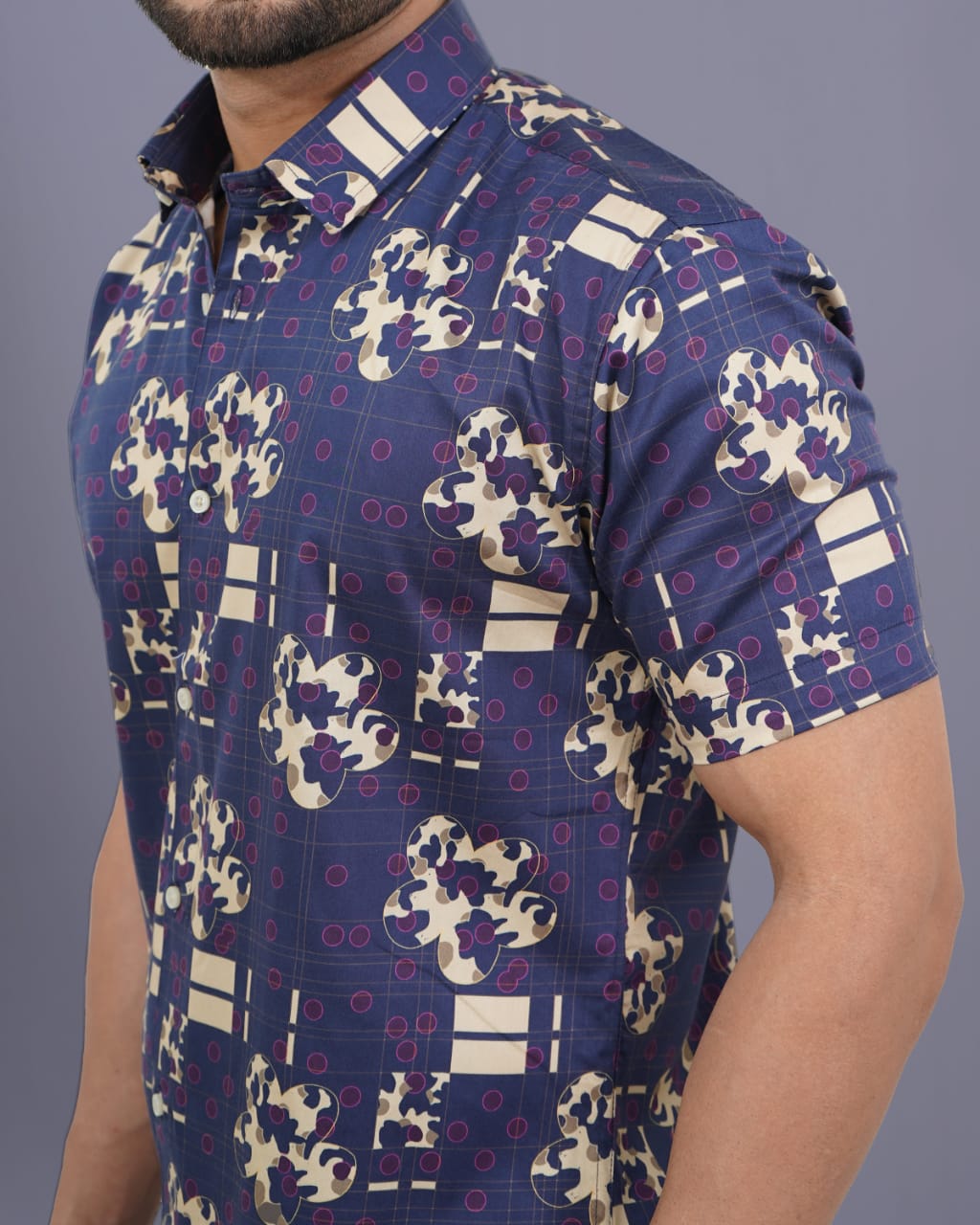 Men Blue Slim Fit Digital Print Casual Half Sleeves 100% Cotton Shirt