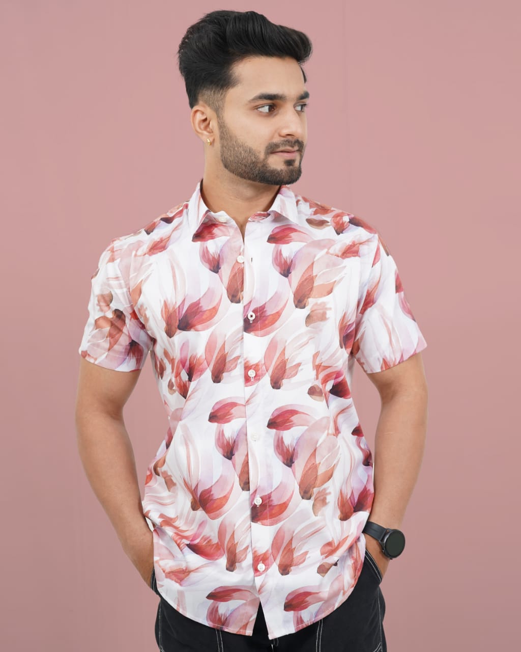Mens Red Floral Slim Fit Half Sleeves Digital print 100% Cotton Shirt