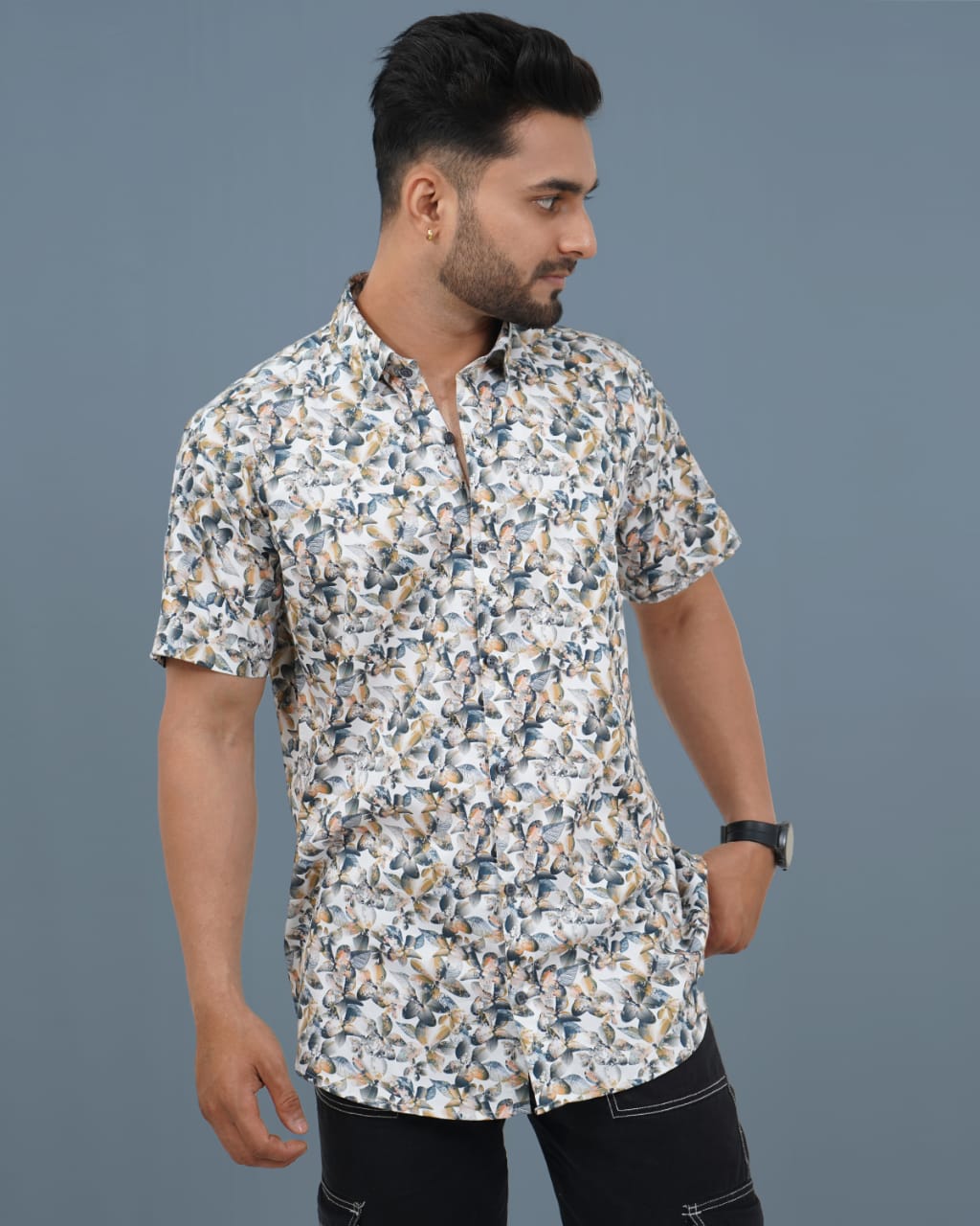 Men Green and yellow Floral Slim Fit Digital Print Casual Half sleeves Shirt 100% cotton