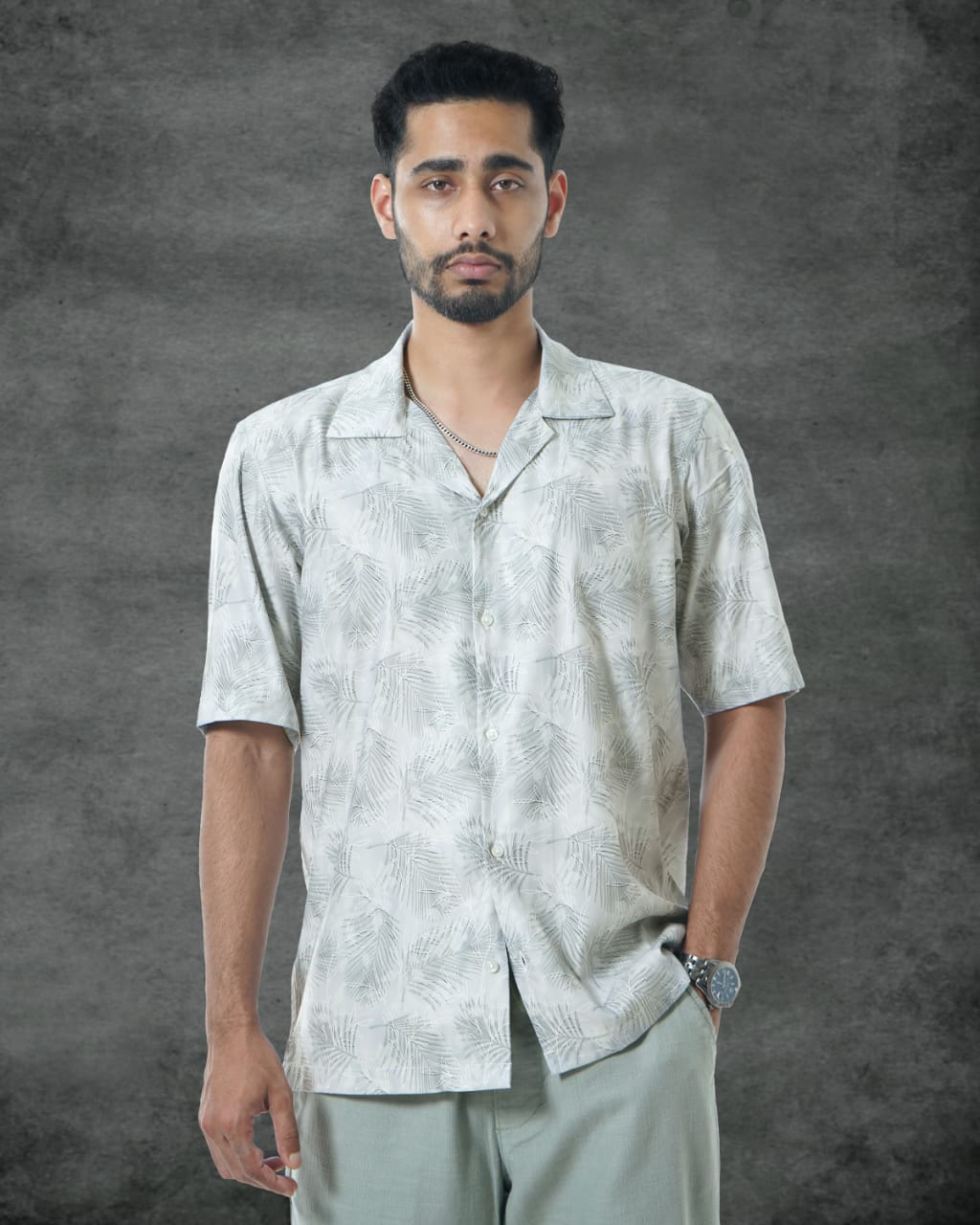 Light Gray Palm Leaf Print Shirt