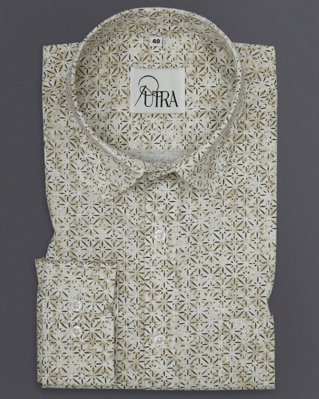 Men&#39;s Cream and White Geometric Print Slub Shirt