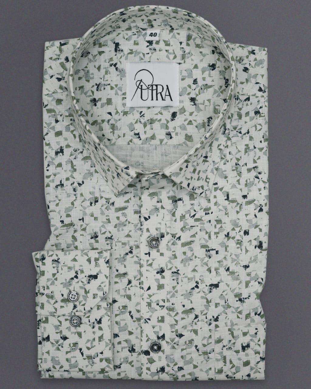 White Shirt with Green and Grey Patterned Print