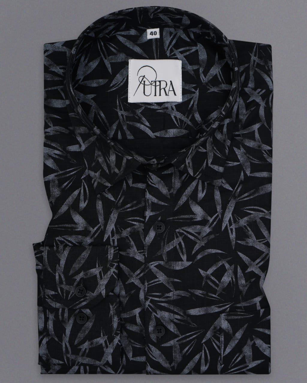 Black Shirt with Botanical Leaf Print - Putra