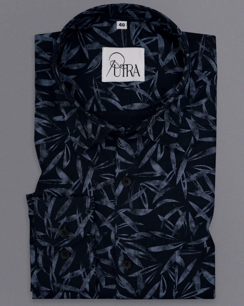 Dark Blue Shirt with Botanical Leaf Print