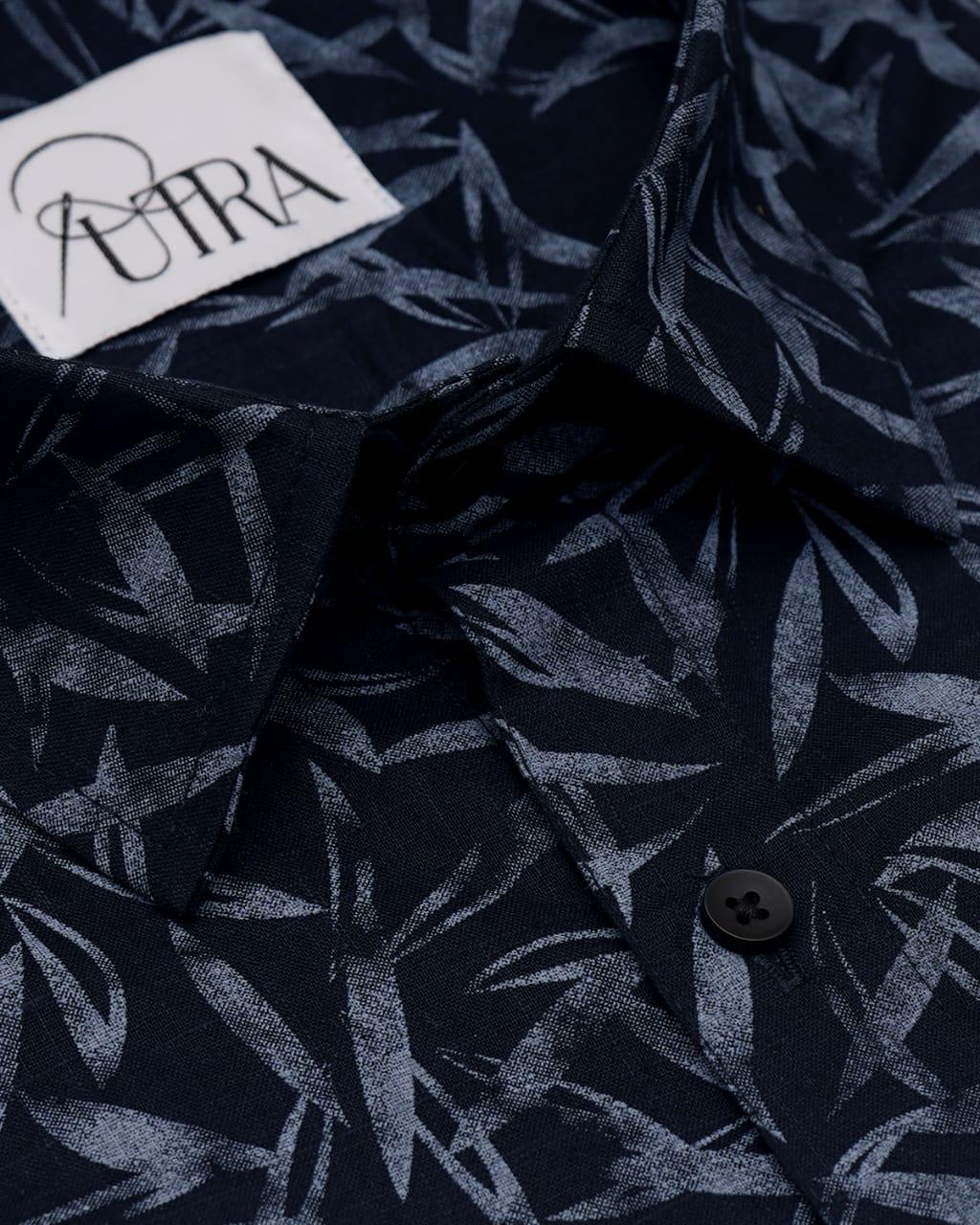 Dark Blue Shirt with Botanical Leaf Print