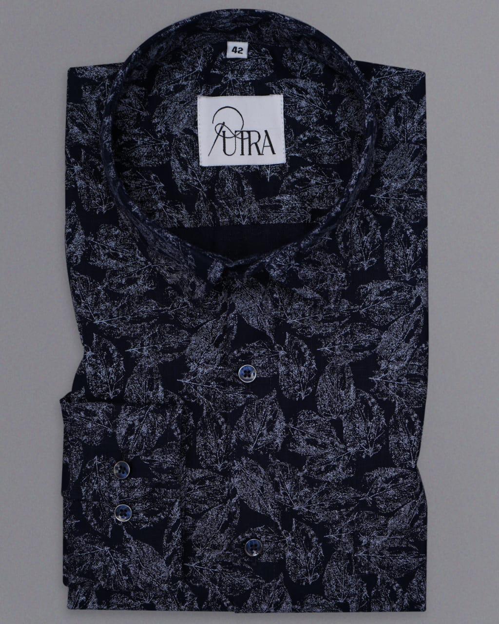 Dark Blue Shirt with Leaf Print