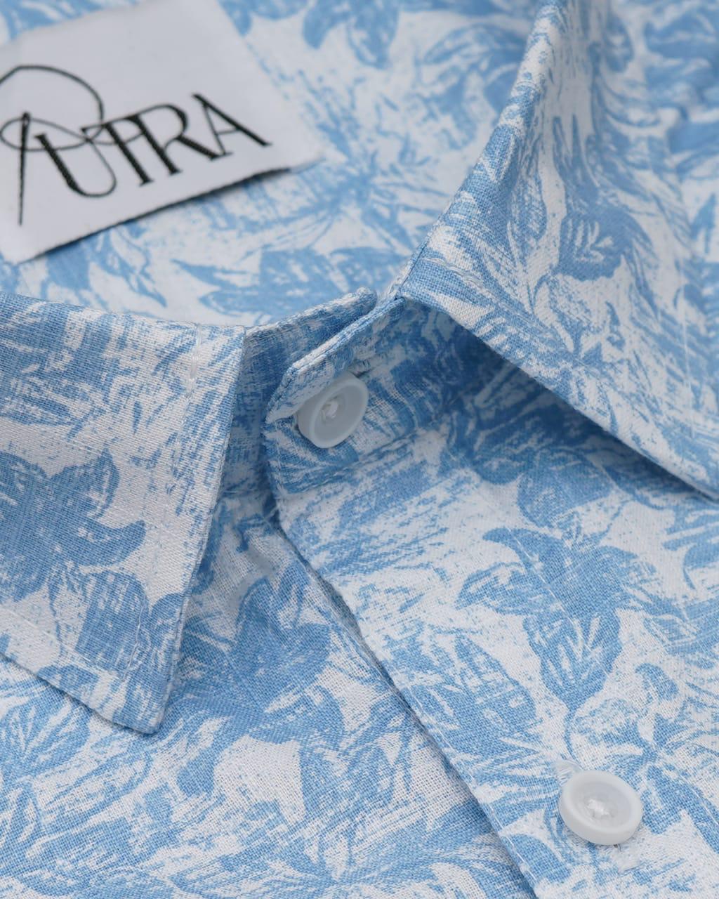 White Shirt with Blue Leaf Print