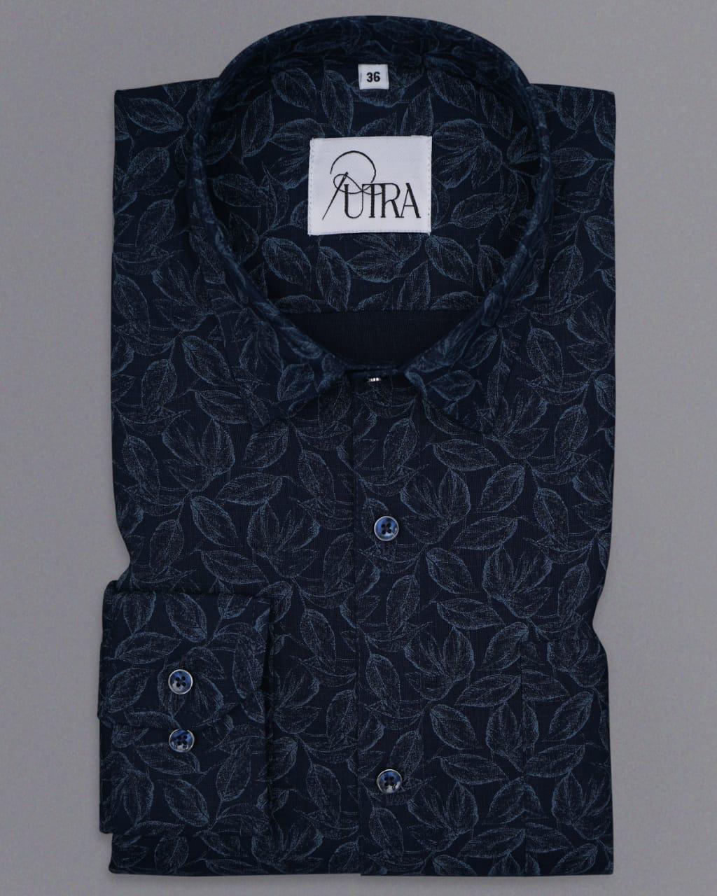 Navy Blue Shirt with Leaf Print