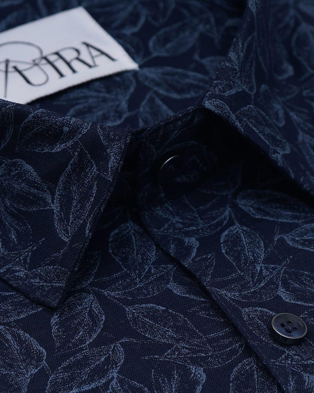 Navy Blue Shirt with Leaf Print