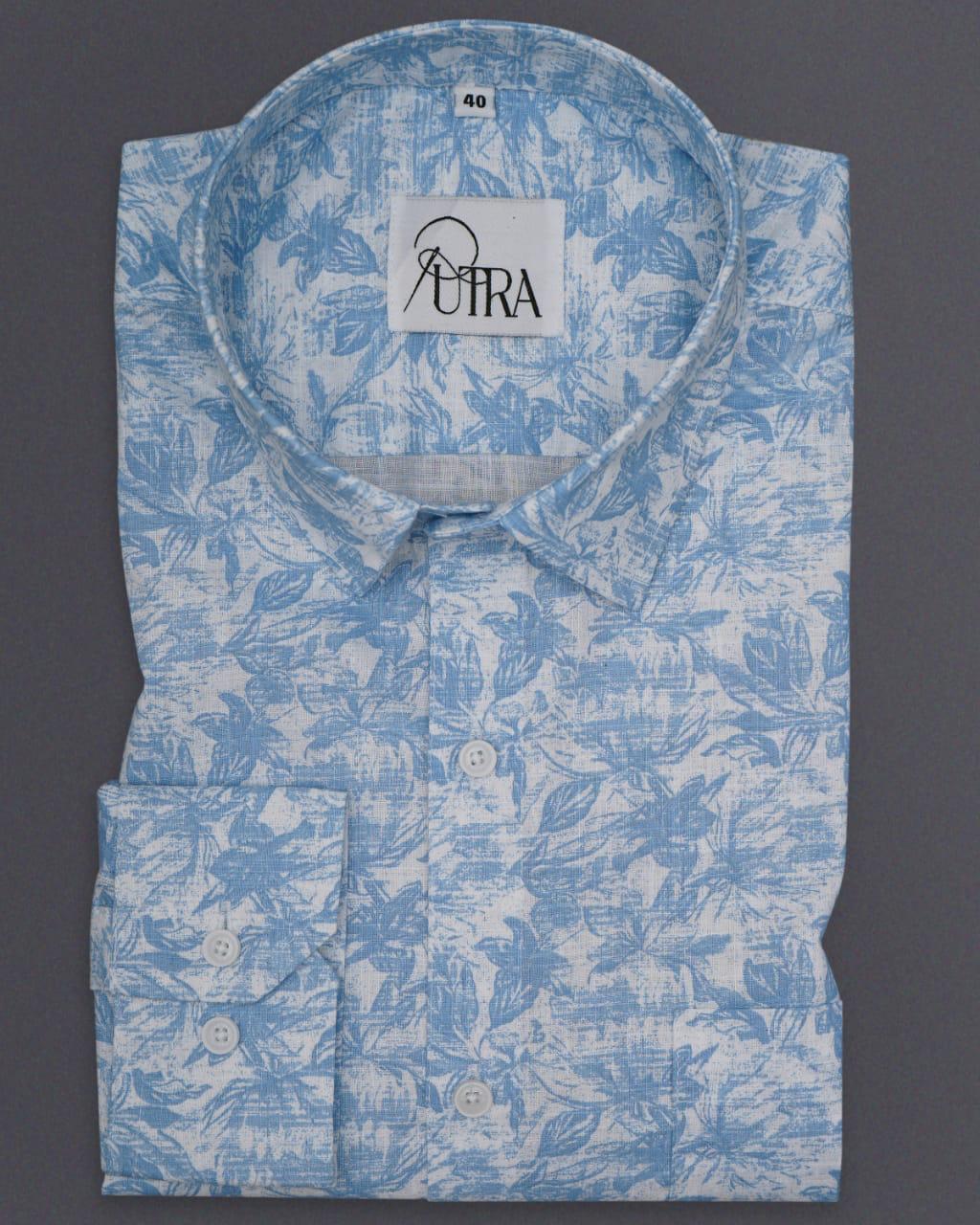 White Shirt with Blue Leaf Print