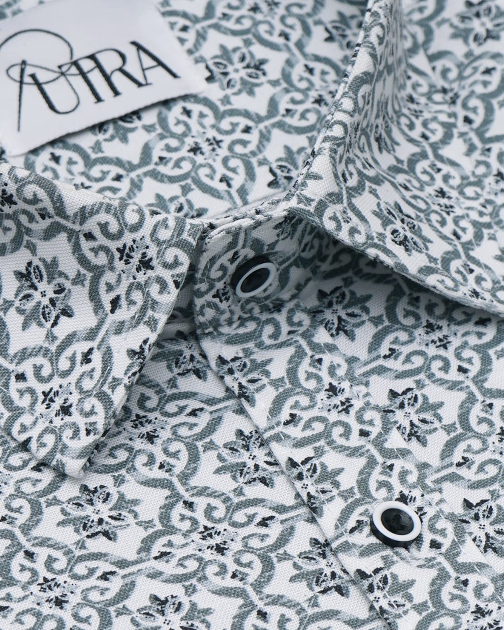 Mens White Oxford Shirt with Classic Geometric Floral Pattern