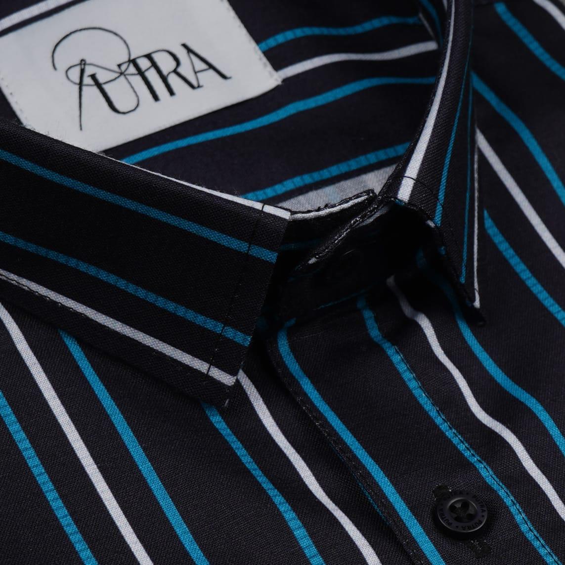 Men Black Blue and White striped formal shirt