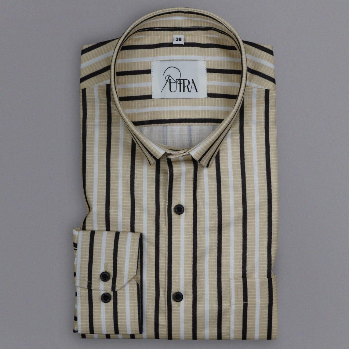 Beige and Black Striped Formal Shirt