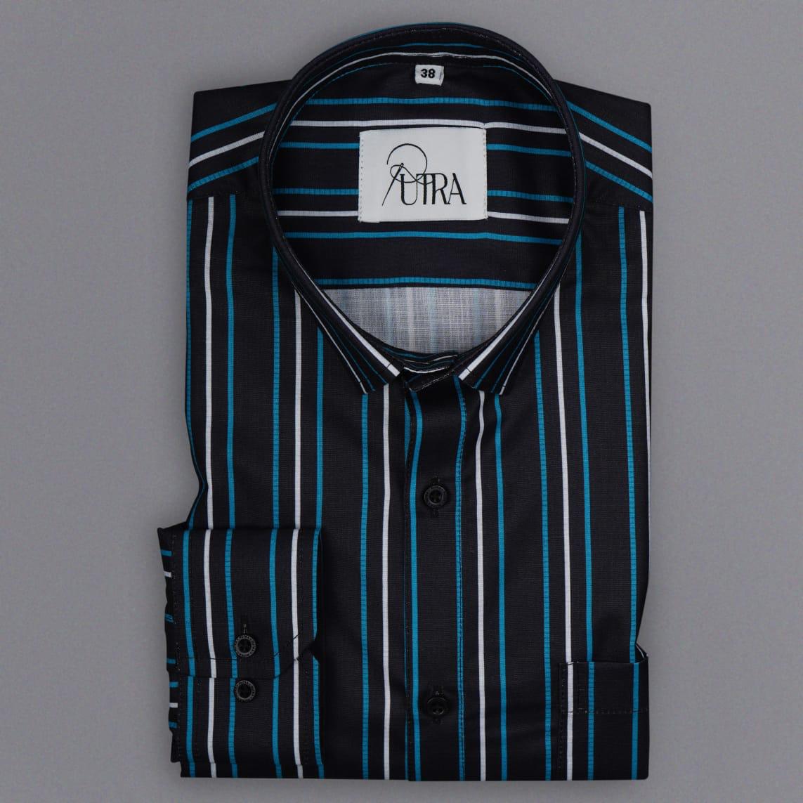 Men Black Blue and White striped formal shirt