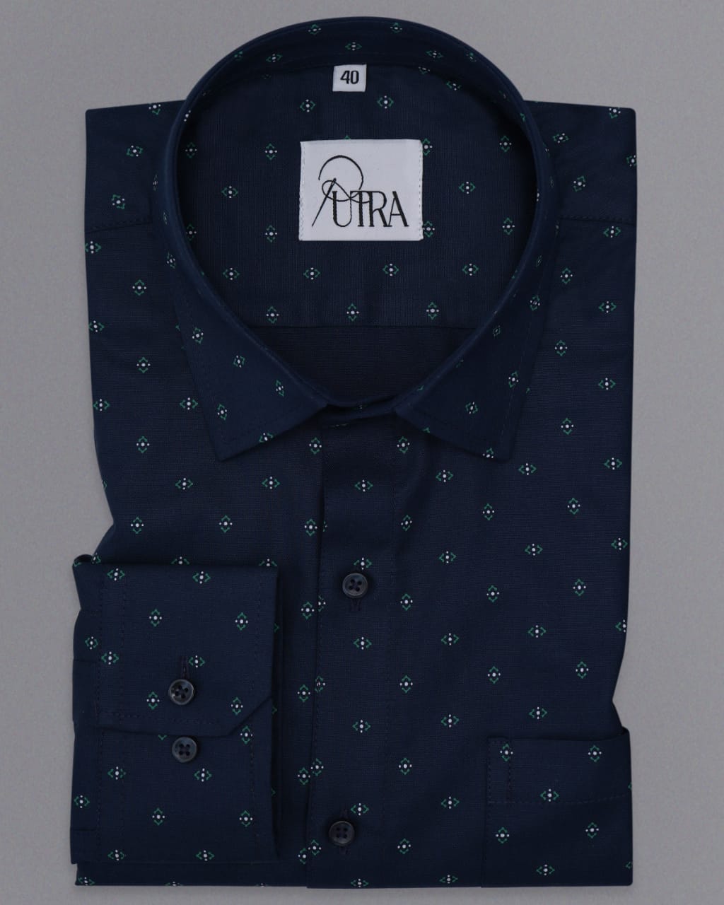 Elegant Navy Blue Microprint Cotton Shirt