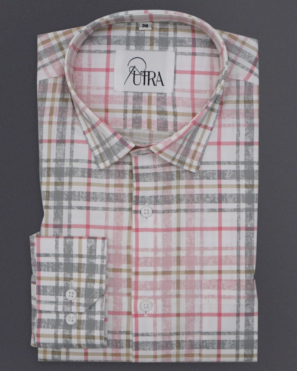 Sophisticated Pink and Beige Plaid Lycra Shirt for Men