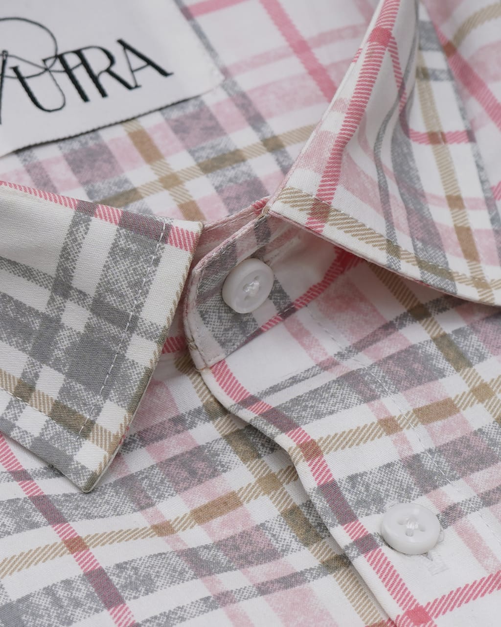 Sophisticated Pink and Beige Plaid Lycra Shirt for Men