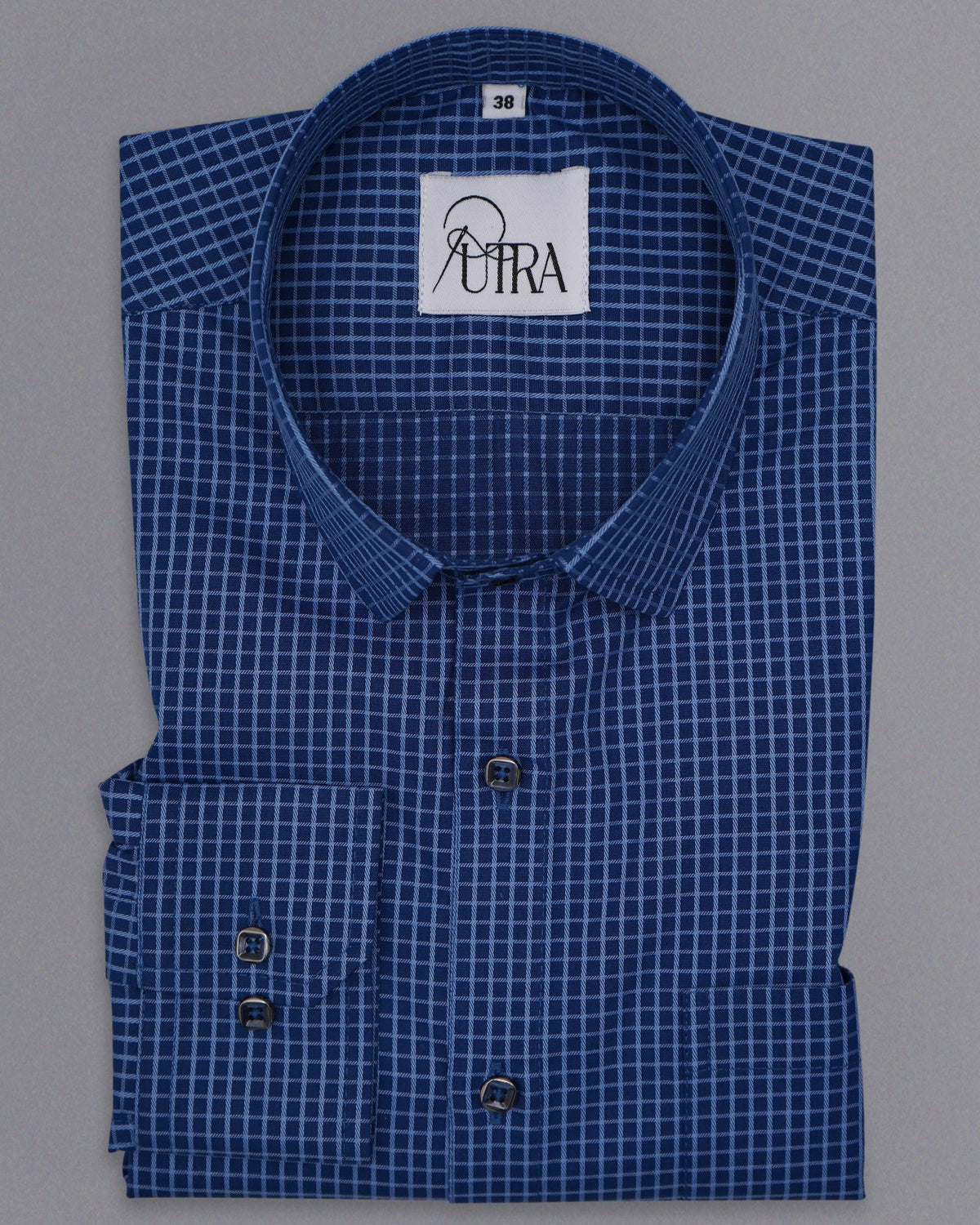 Refined 100% Cotton Yarn-Dyed Shirt – Navy Blue with Grid Checks