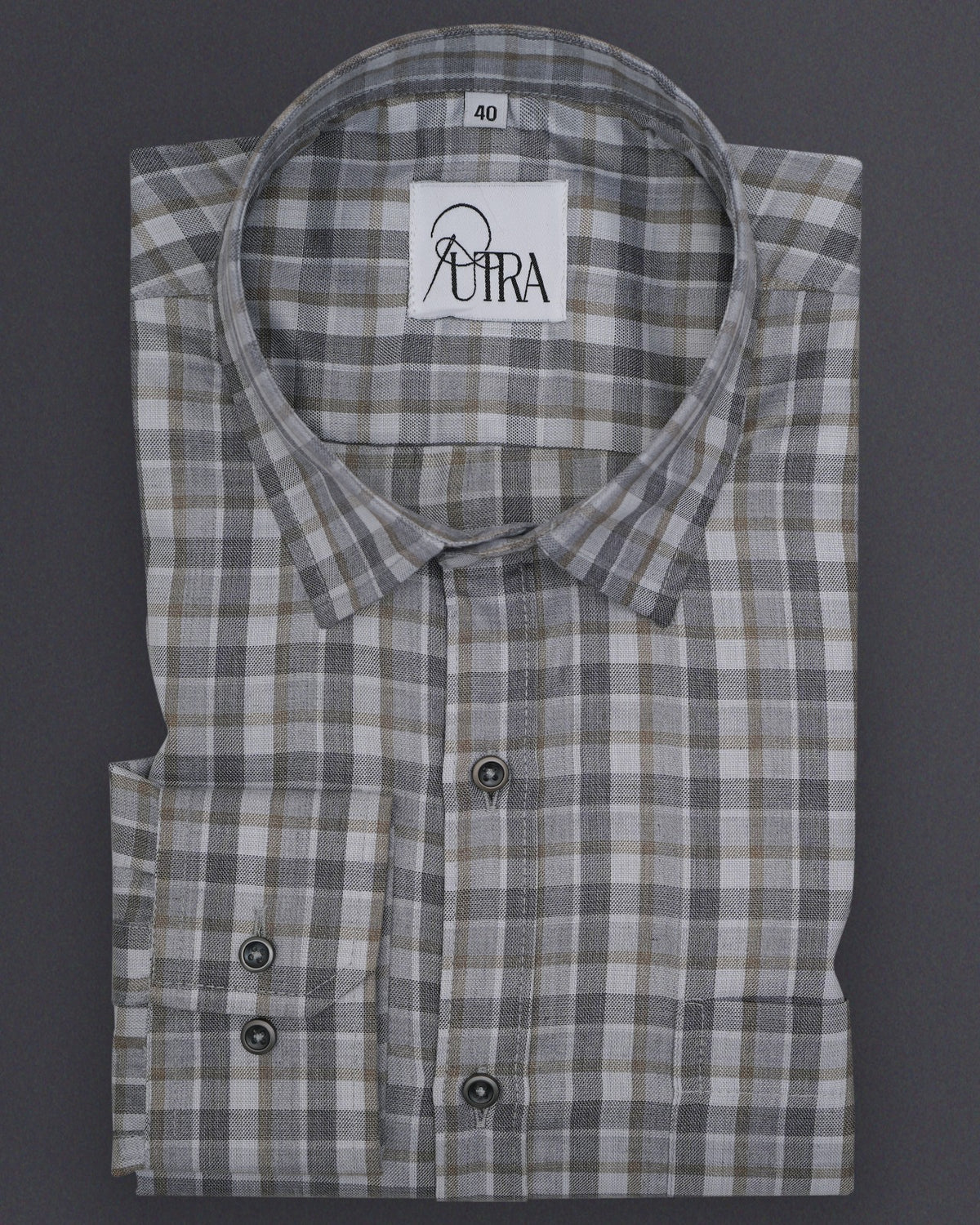 Elegant Grey and Brown Checked Cotton Shirt