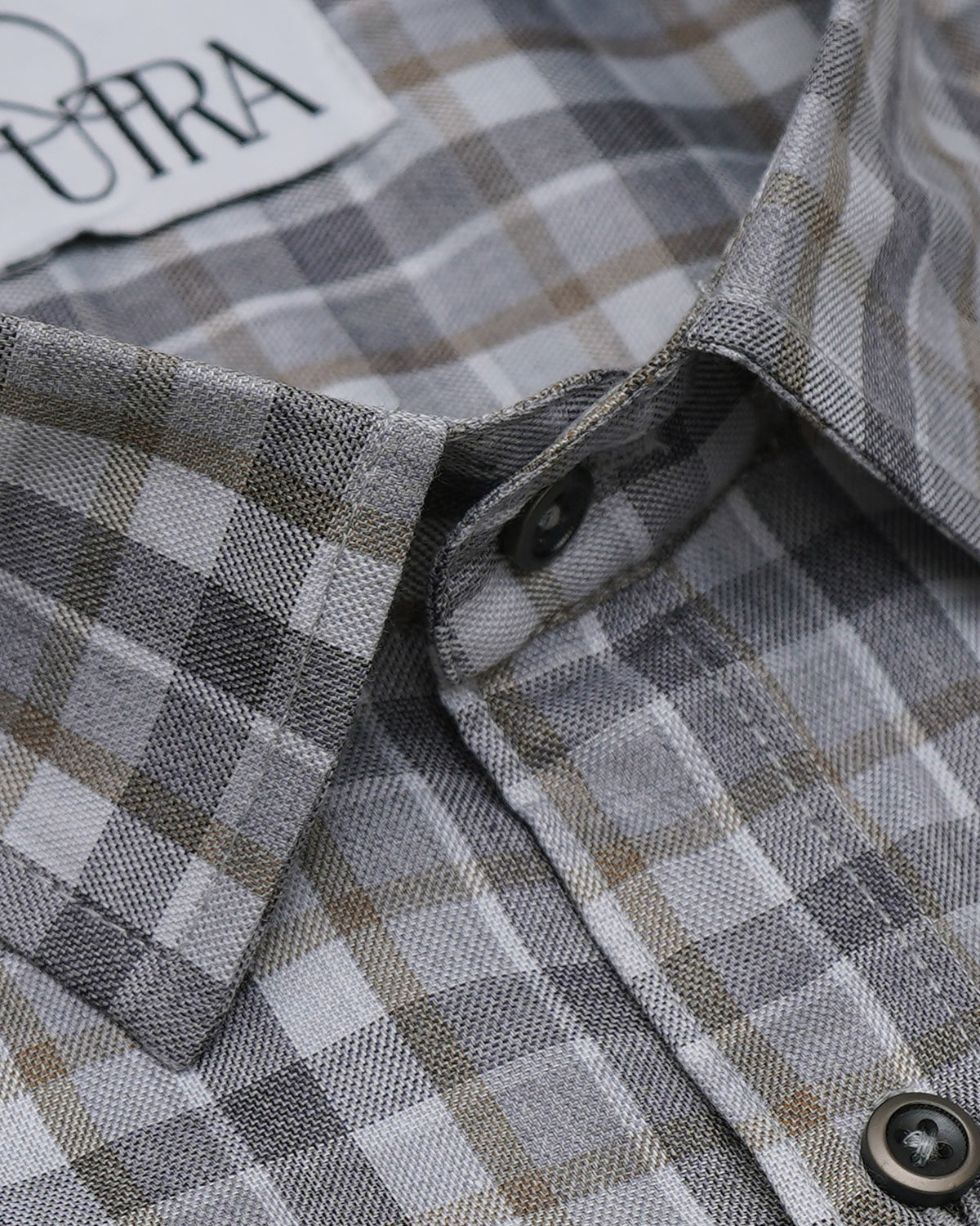 Elegant Grey and Brown Checked Cotton Shirt