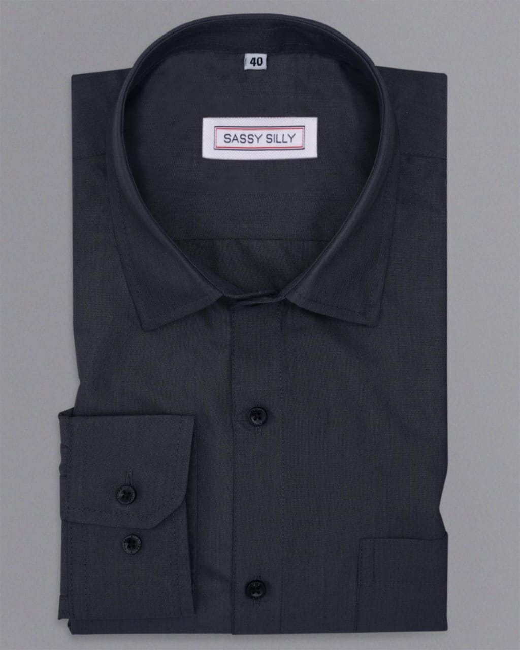 Men's Dark Grey Polyester Cotton Solid Shirt - Putra Men's Dark Grey Polyester Cotton Solid Shirt - Putra