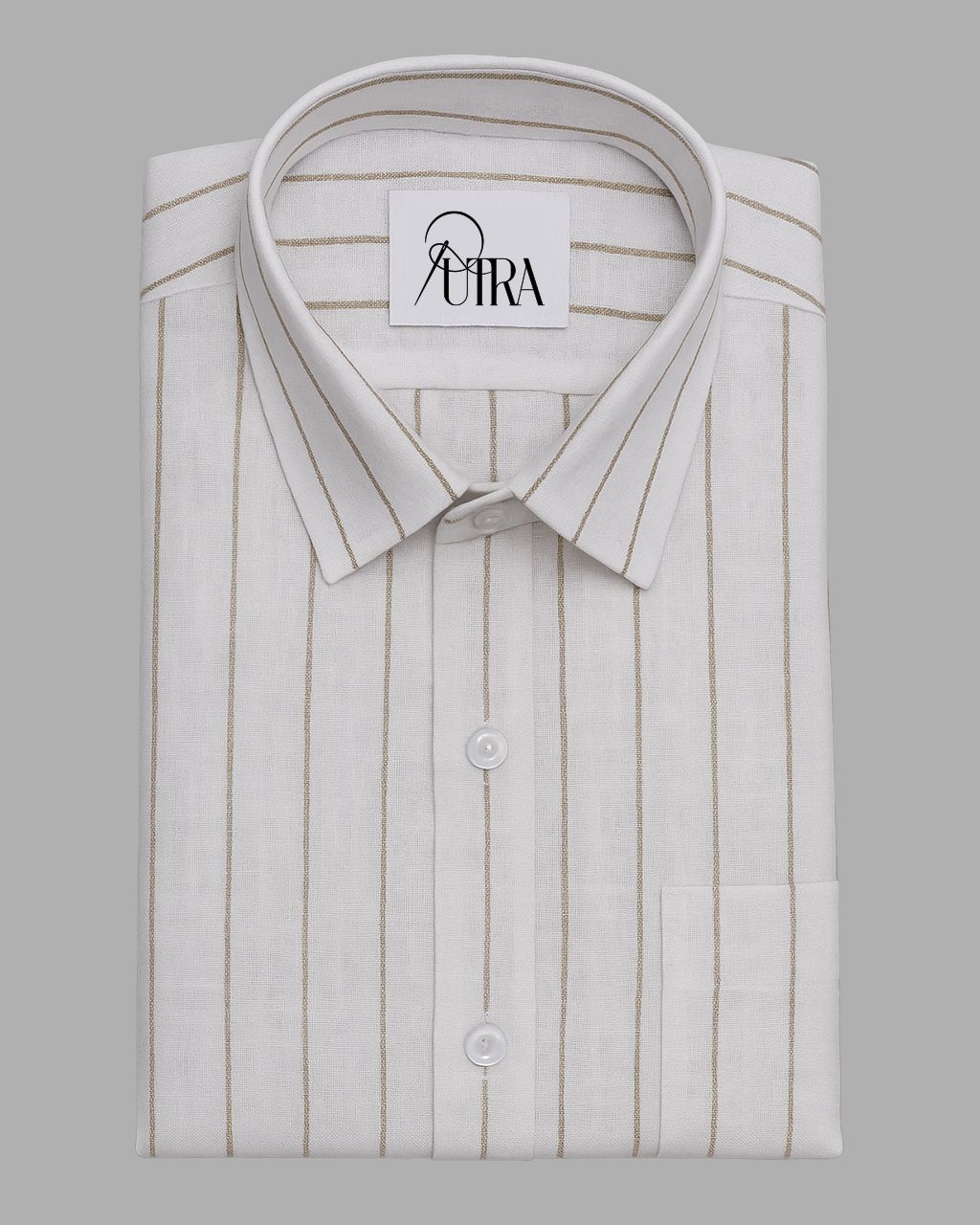 Elegant White Slub Cotton Shirt with Beige Vertical Stripes