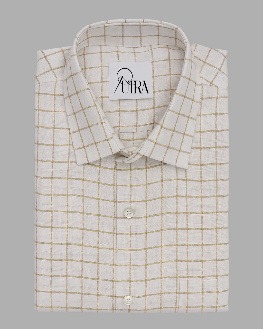 Mens Elegant Beige Grid Cotton Slub Shirt