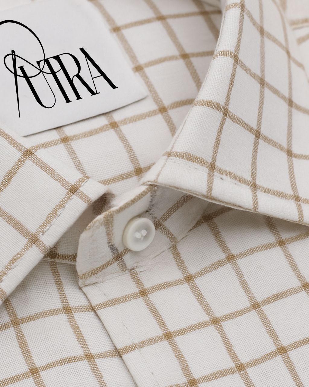 Mens Elegant Beige Grid Cotton Slub Shirt