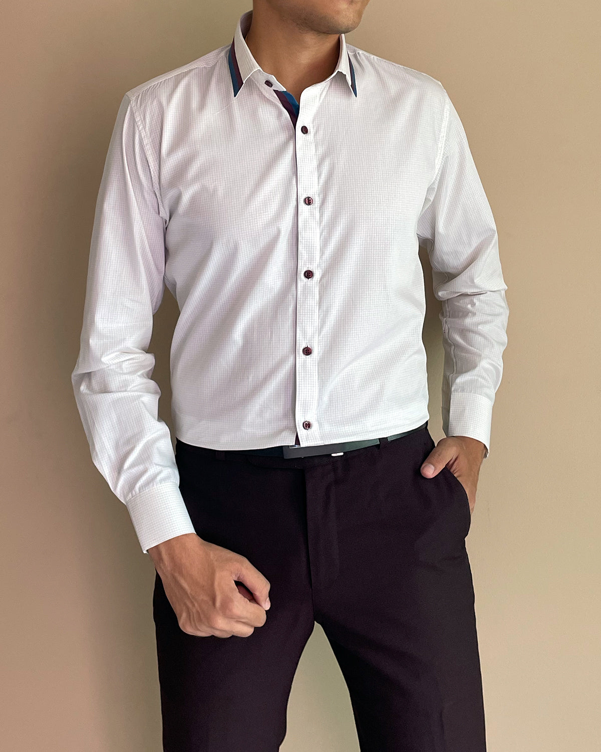Men Cream Checked Slim fit Giza cotton Shirt