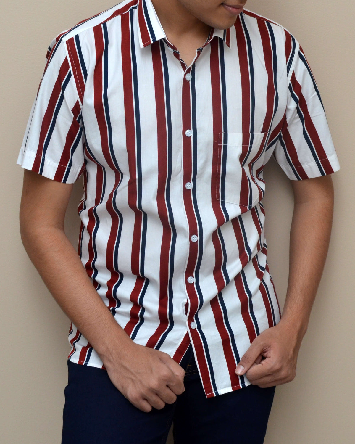Men Red and White Striped Slim Fit Casual Half Sleeves Shirt