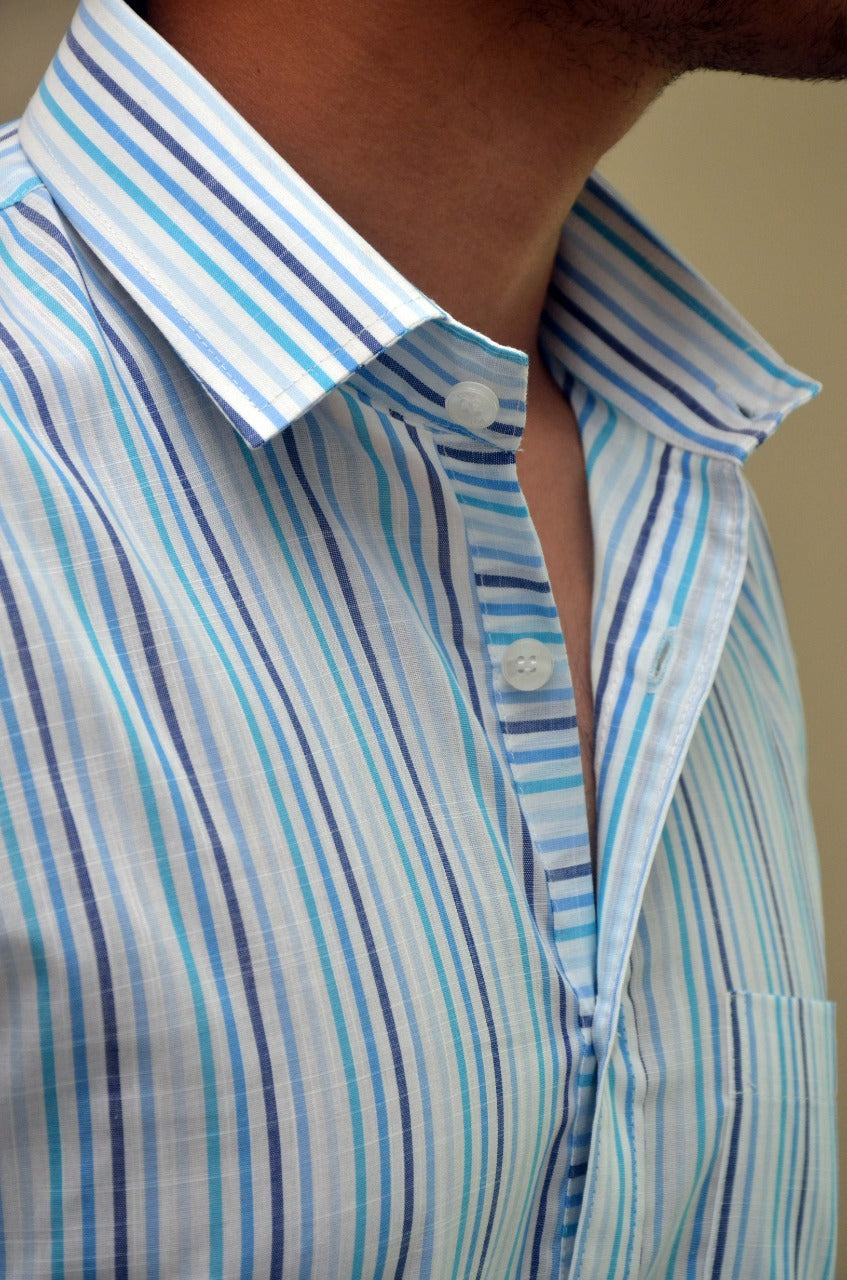 Men Blue And White Striped Slim Fit Casual Shirt