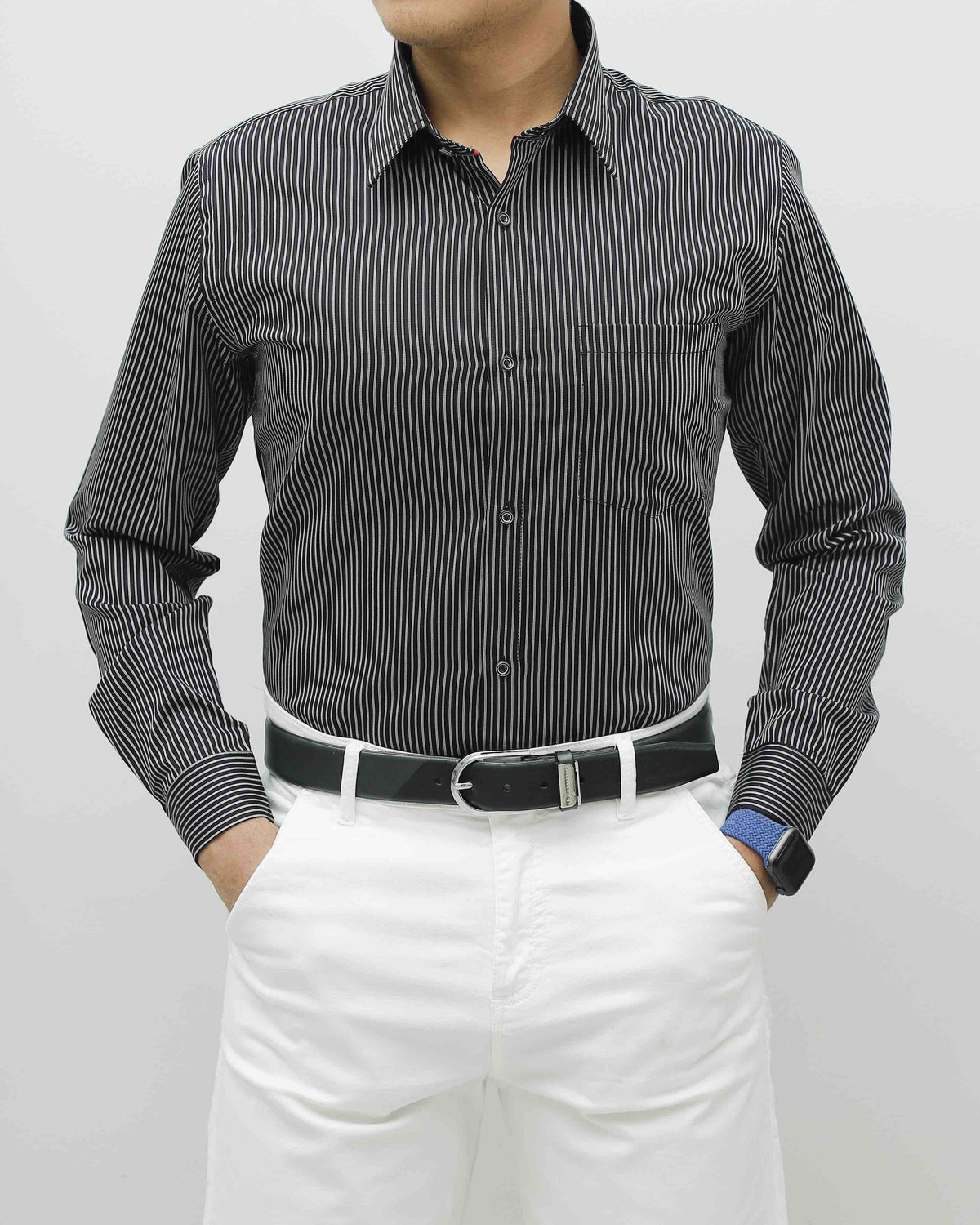 Men Black &amp; White Slim Fit Striped Party Wear Shirt